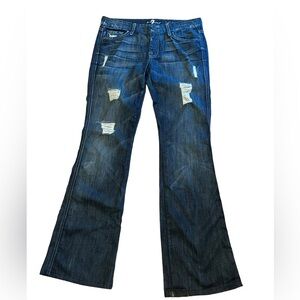 7 for all mankind A pockets distressed dark wash flare jeans Made in the USA